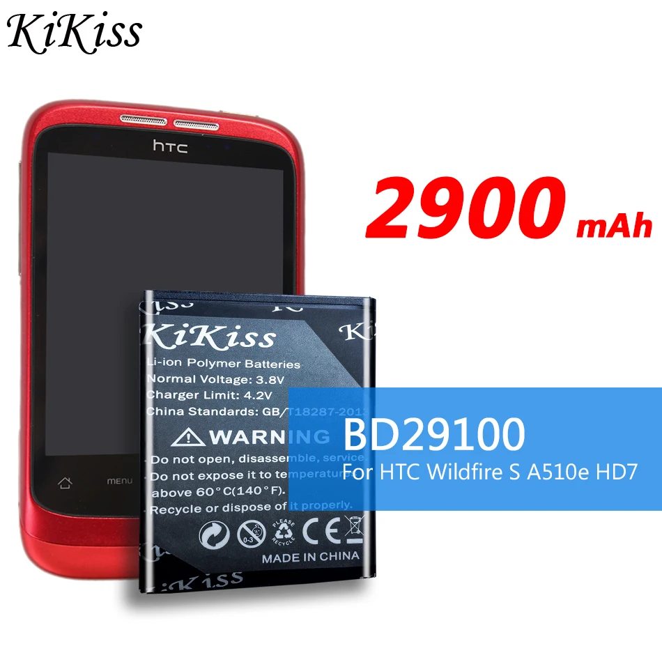 

KiKiss 2900mAh Phone Rechargeable Battery BD29100 For HTC Wildfire S G13 A510C A510e HD3 HD7 HD7S T9292 T9295 T9292 Batteries