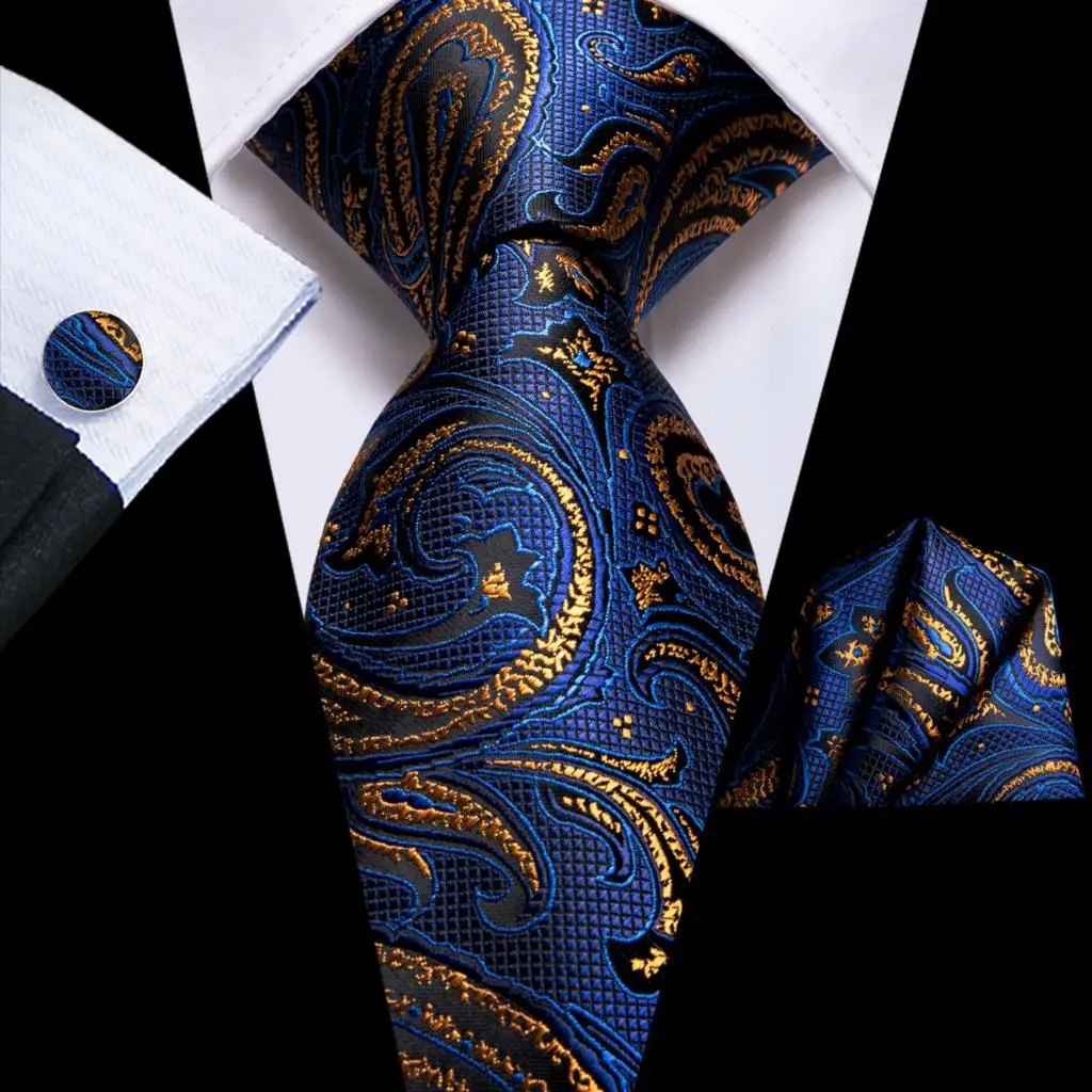 Business Navy Blue Gold Paisley Silk Wedding Tie For Men Handky Cufflink Mens Necktie Fashion Designer Party Dropshipping Hi-Tie