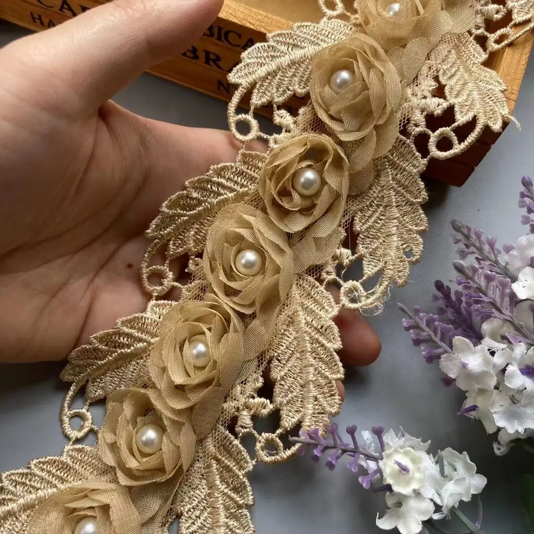 

2 Yard Gold Pearl Soluble Flower Embroidered Lace Trim Ribbon Floral Applique Fabric Handmade Wedding Dress Sewing Craft New