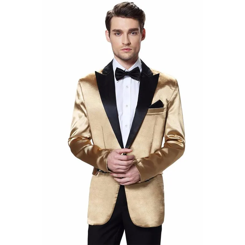 

ANNIEBRITNEY Gold Satin Slim Fit Men Suit With Black Pants Custom 2 Piece Groom Wedding Tuxedo High End Prom Wedding Men Suit