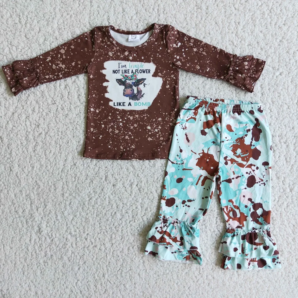 

Wholesale Children Fall Winter Baby Girls Clothing Cute Sets Kids Cow Brown Ruffle Sleeves Top Blue Tie Dye Pants Fashion Outfit