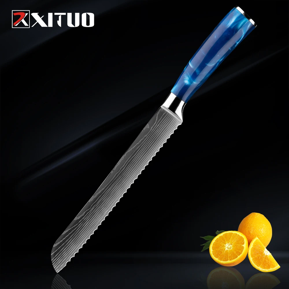 XITUO 8 Inch Serrated Bread Knife Resin Handle Kitchen Knives Brand High Quality Cake knife Laser Damascus Pattern Cooking Knife