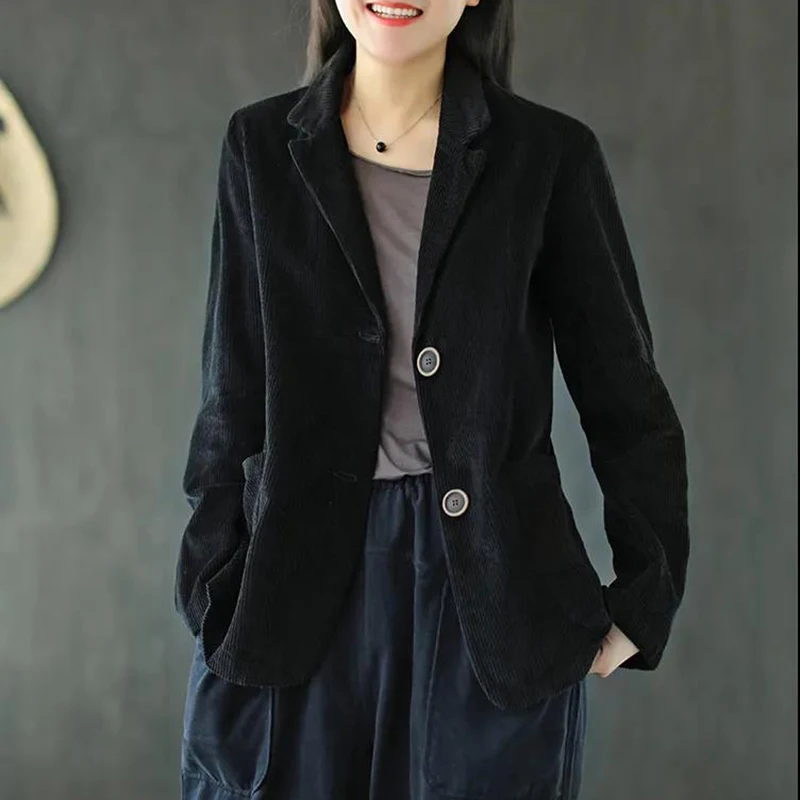 Jaket Blazer wanita korduroi lengan panjang, jaket atasan Retro elegan musim gugur dan musim dingin untuk wanita