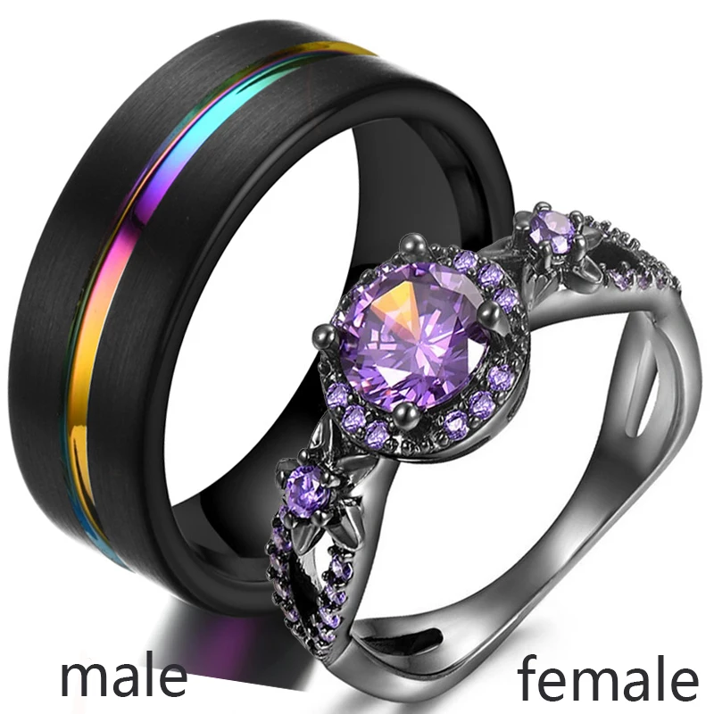 

Sz5-12 Couple Ring His Hers Black Gold Filled Flower Round Purple Zircon Women's jewelry Tungsten Steel Men's Engagement band