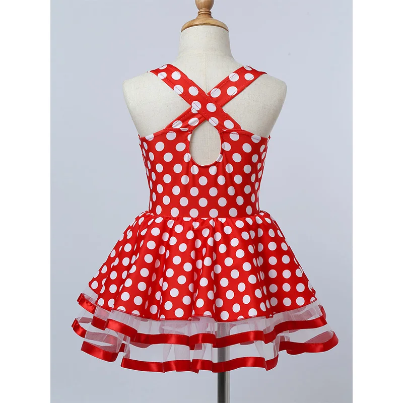 Kids Polka Dots Red Mesh Tutu Ballet Dress Children Girls Skirted Gymnastics Leotard Christmas Outfit Performance Dance Costume