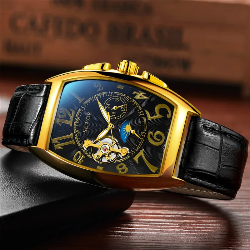 Classic Men Watch Luxury Gold Tourbillon Watches Men Automatic Mechanical Wristwatches Moon Phase Small Seconds Reloj Hombre