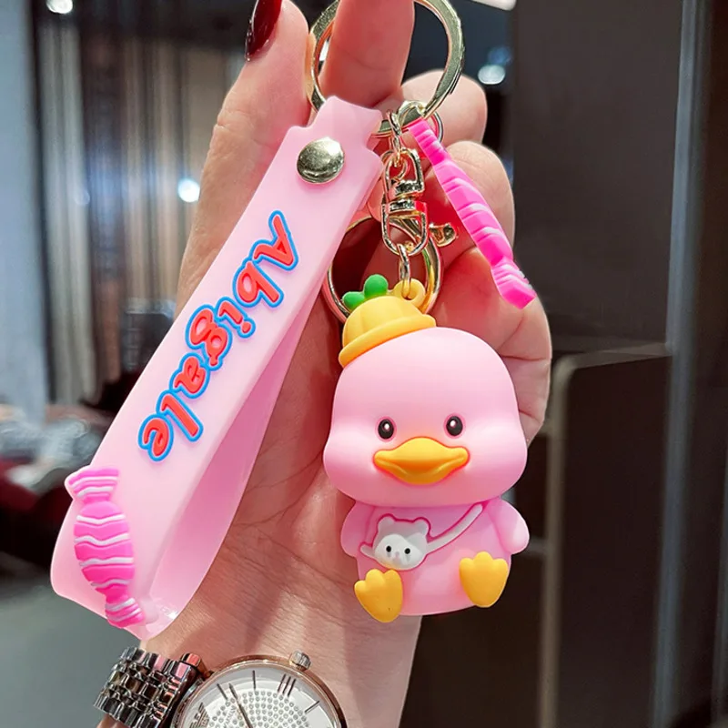 Imagem -03 - Pvc Mochila Pato Chaveiro Bonito Criativo Amarelo Rosa Patinho Doces Trinket Carro Chaveiro Mochila Pingente Boneca de Borracha Macia