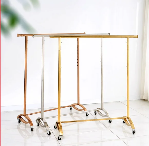 Clothing store display rack hanger with wheels shelf golden mobile clothing gantry folding telescopic side hanger