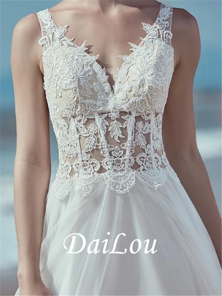 Robe de mariée ligne a, col en V, balayage/brosse, traîne, dentelle, Tulle, bretelles régulières, plage, transparente, dos nu, 2021