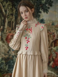 LYNETTE'S CHINOISERIE Spring Autum New Original Design Women Vintage Mori Girls Fruit Embroidery Large Hem Slim Cotton Dresses