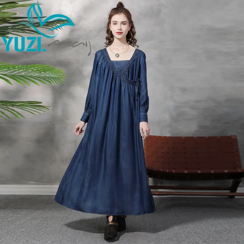 

Dress For Women 2021 Yuzi.may Boho New Denim Dresses V-Neck A-line Drawstring Pleated Loose Vestidos A82359 Vestido Feminina