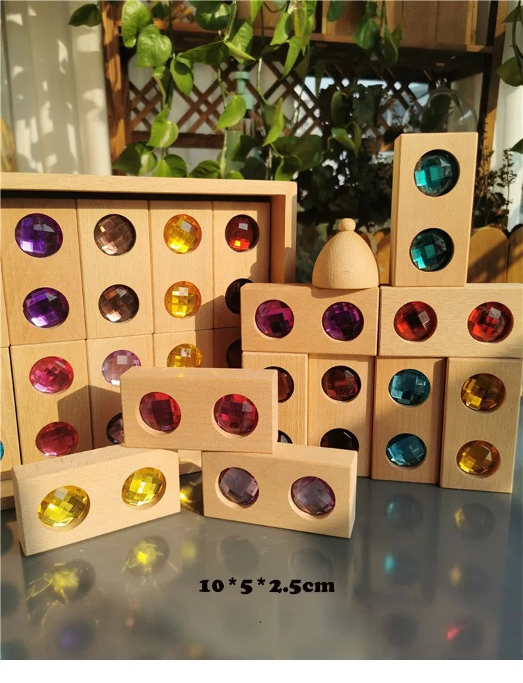 Kids Large Building Stacking Street Blocks Wooden Toys Double Sparkling Gemstones Crystal Gems