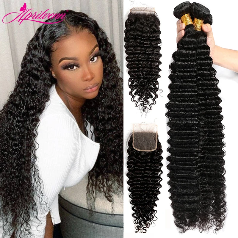 

Aprilvenn 30 32 40 Inch Deep Wave Peruvian Hair Bundles With Closure Human Hair Bundles With Frontal Remy Virgin Hair Extension