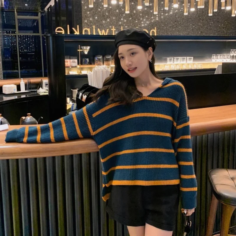 

Pullover Lazy Striped Sweaters Knitted Pullover Women Spring Autumn Sweater Winter Tops For Women Black White Jumper Clothing