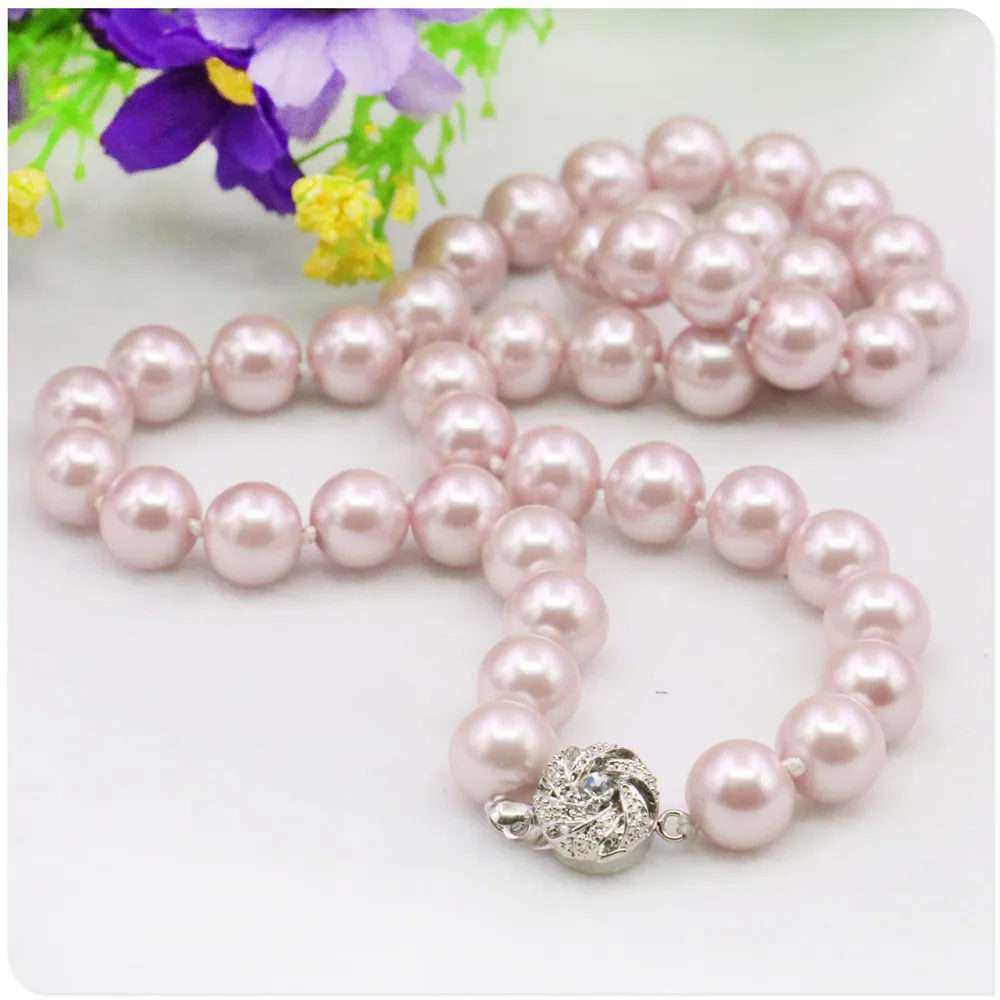 10mm Pink Round Shell Pearl Necklace Women Girls DIY Accessories Fashion Jewelry Making Design Rose Clasp Hand Mand Ornaments