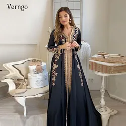 Verngo caftán marroquí vestido de noche de manga larga con patrón de encaje bordado vestido Formal azul marino hasta el suelo traje personalizado