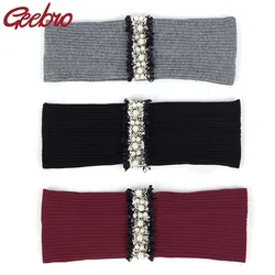 Geebro Pearl Lace Stripe Elastic Ribbed Women Yoga Headband Delicate Beads Hairband Female Hair Accessories for Lady Girls
