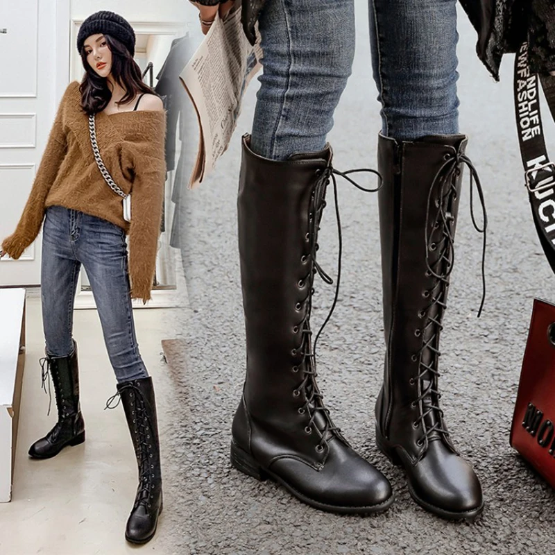 KOLNOO New Arrival Handmade Ladies Block Heels Boots Knight Ridding English Winter Half Boots Crisscross Lace-Up Fashion Shoes