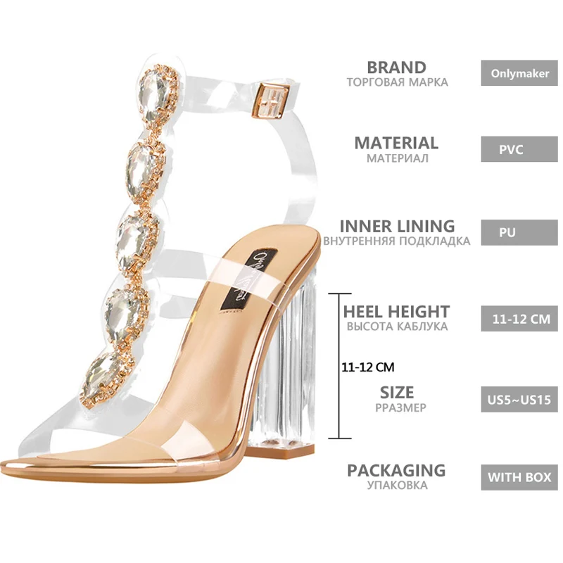 Onlymaker Women Peep Toe  Buckle Cutout Gem Clear Chunky High Heels Gladiator Transparent Strip Rhinestones Summer Sandal