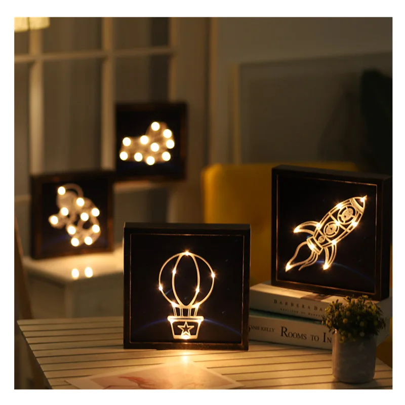 

LED Night Light Bedside Retro Wood-like Plastic Photo Frame Modeling Light Animal and Plant Bed Room Decoration Table Lamp