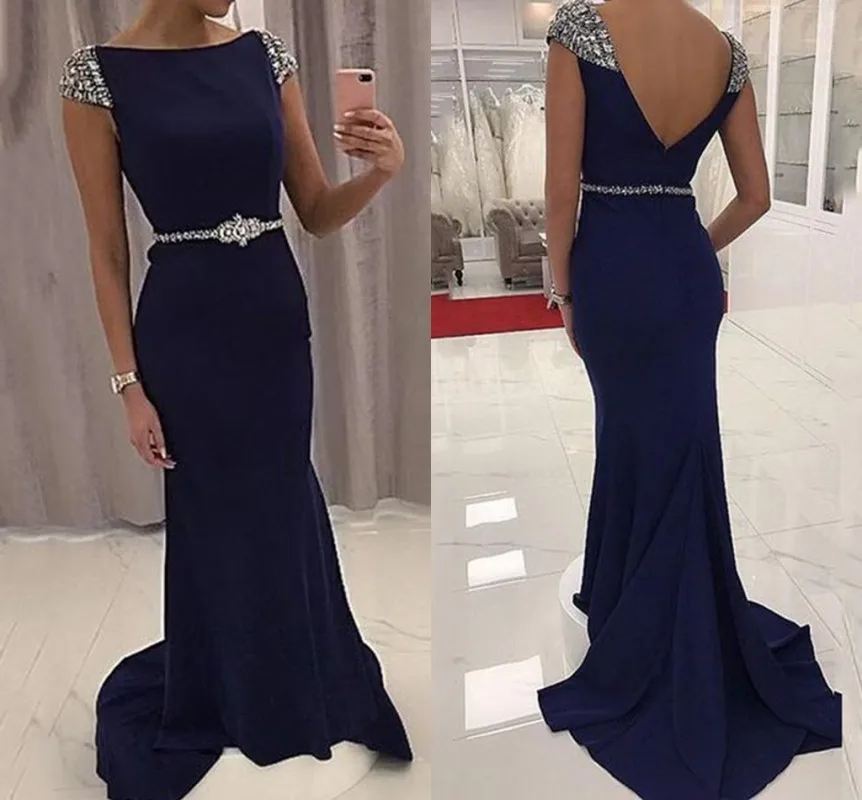 Vintage Marineblauw Avondjurk 2021 Mermaid Kapmouwtjes Kralen Arabische Dubai Prom Partij Jassen Vestidos De Noiva