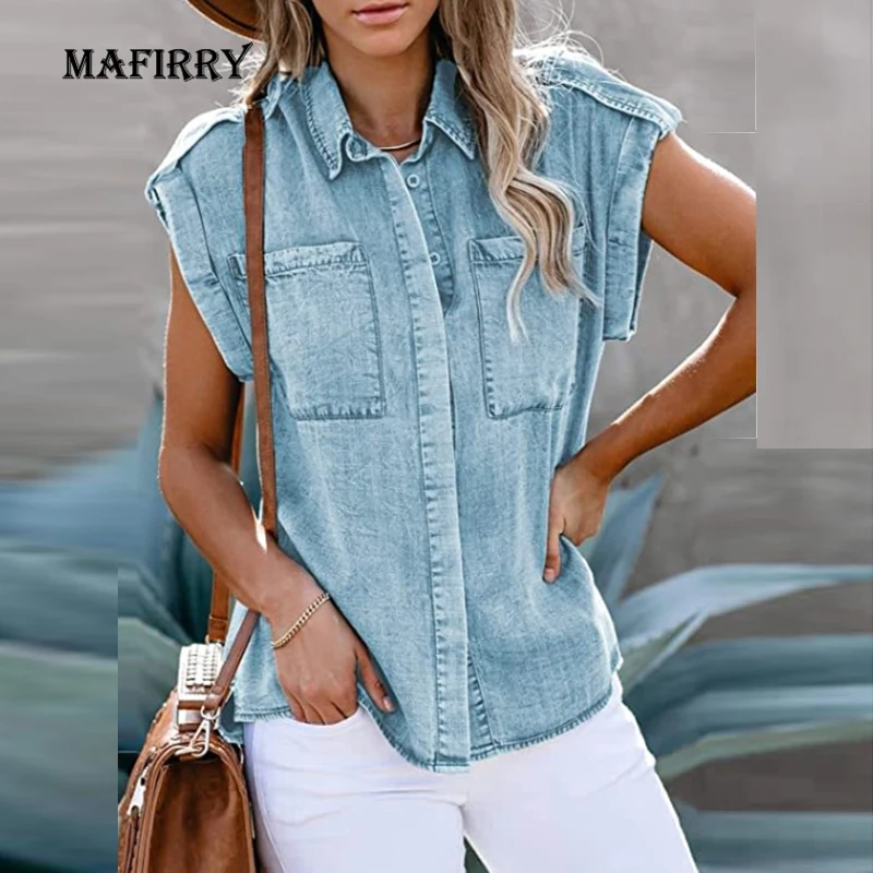 Women Solid Sleeveless Slim Fit Blouse Summer Classic Denim Style Casual Streetwear Tops Female Turn Down Collar Pockets Shirt