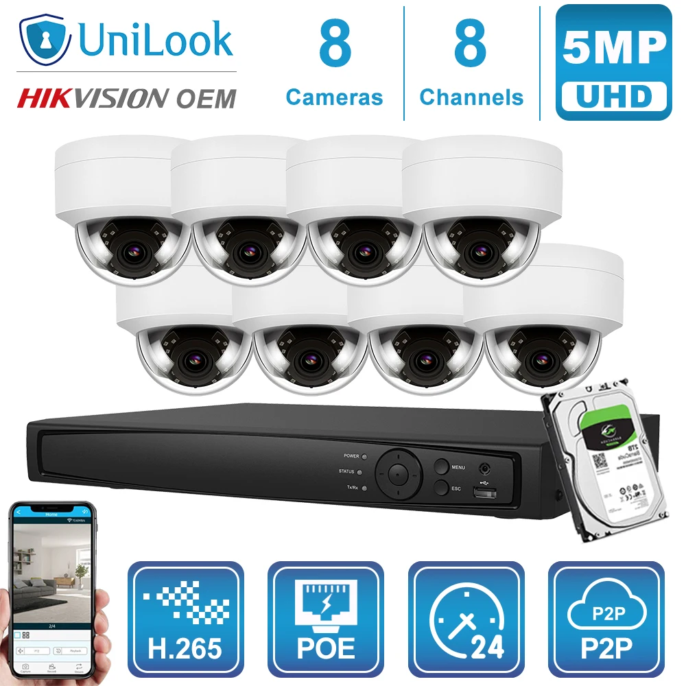 UniLook 8CH NVR 4/6/8Pcs White 5MP Dome POE IP Camera NVR kit CCTV Security System Night Vision Outdoor NVR Kit H.265 P2P IP66