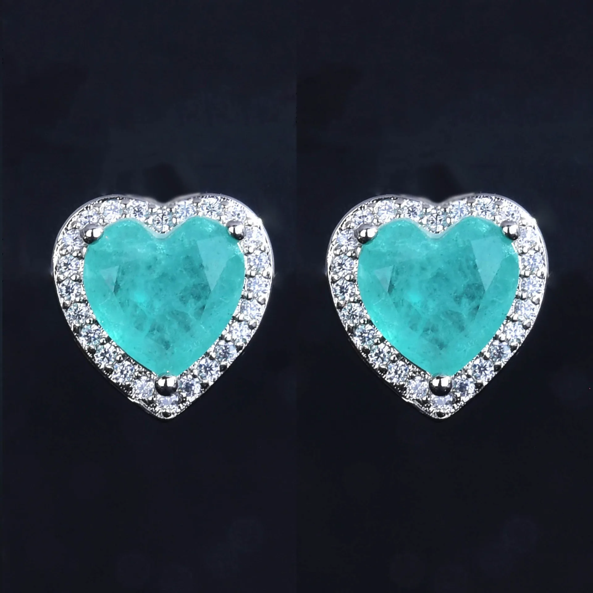 QTT New Luxury  Silver Wedding Jewelry Set Paraiba Tourmaline Stone Love Heart Pendant Necklace Resizable Ring CZ Earrings