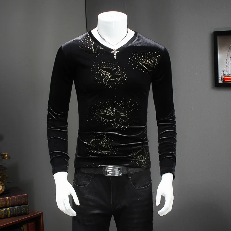 Black High Quality Sequin Velvet Tshirt Long Sleeve V Neck Spring Autumn Slim Fit Men Tee Shirt Homme Royal Velvet Tshirt Men