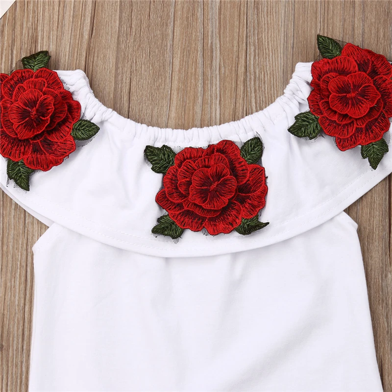 Kids Clothes Girls Rose Flower Off Shoulder Tops+Denim Shorts Baby Girl Summer Outfits Toddler  2PCS Clothes