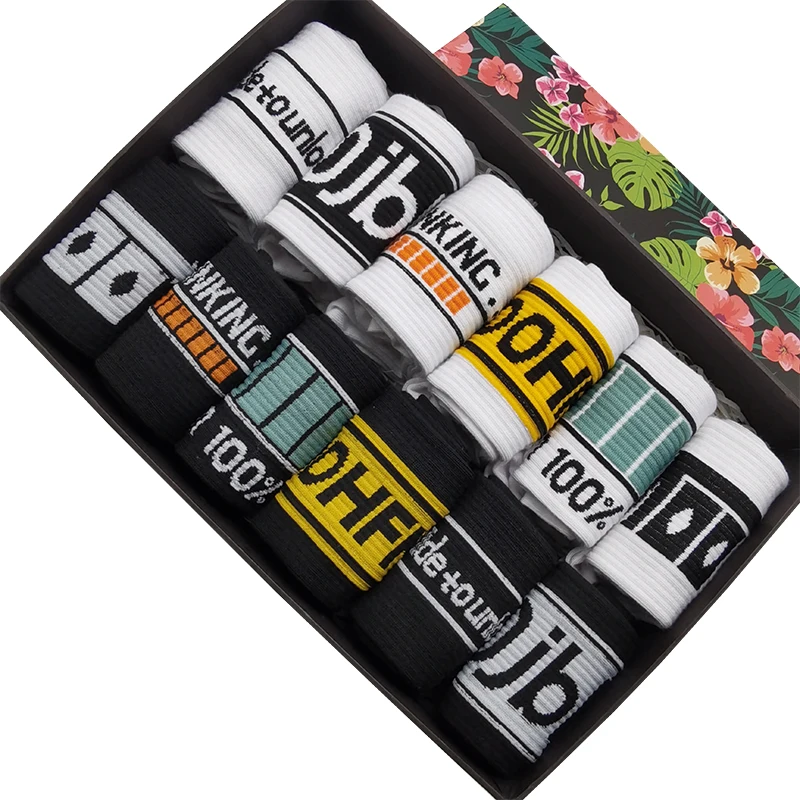 12 Pairs/Pack Unisex Street Hip Hop Cotton Socks Black White Harajuku Colorful Funny Fashion Skateboard Long Socks for Men Women