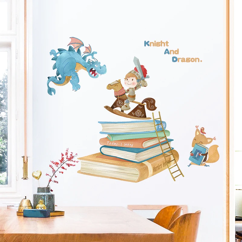 Creative Cartoon Dinosaur Knight Wall Stickers For Kids Rooms Boy Bedroom Wall Decor Self Adhesive Stickers Decoration Home