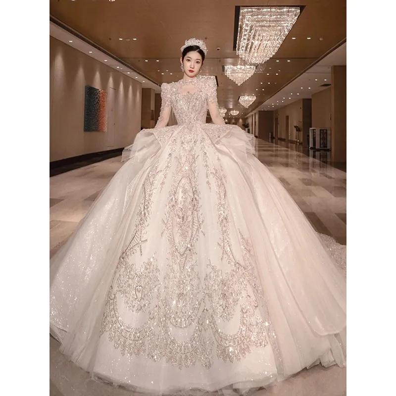 Vintage Luxury Long Train Wedding Dress 2024 New Bridal Dresses Ball Gown Long Sleeve Winter Beading Wedding Gowns Customized