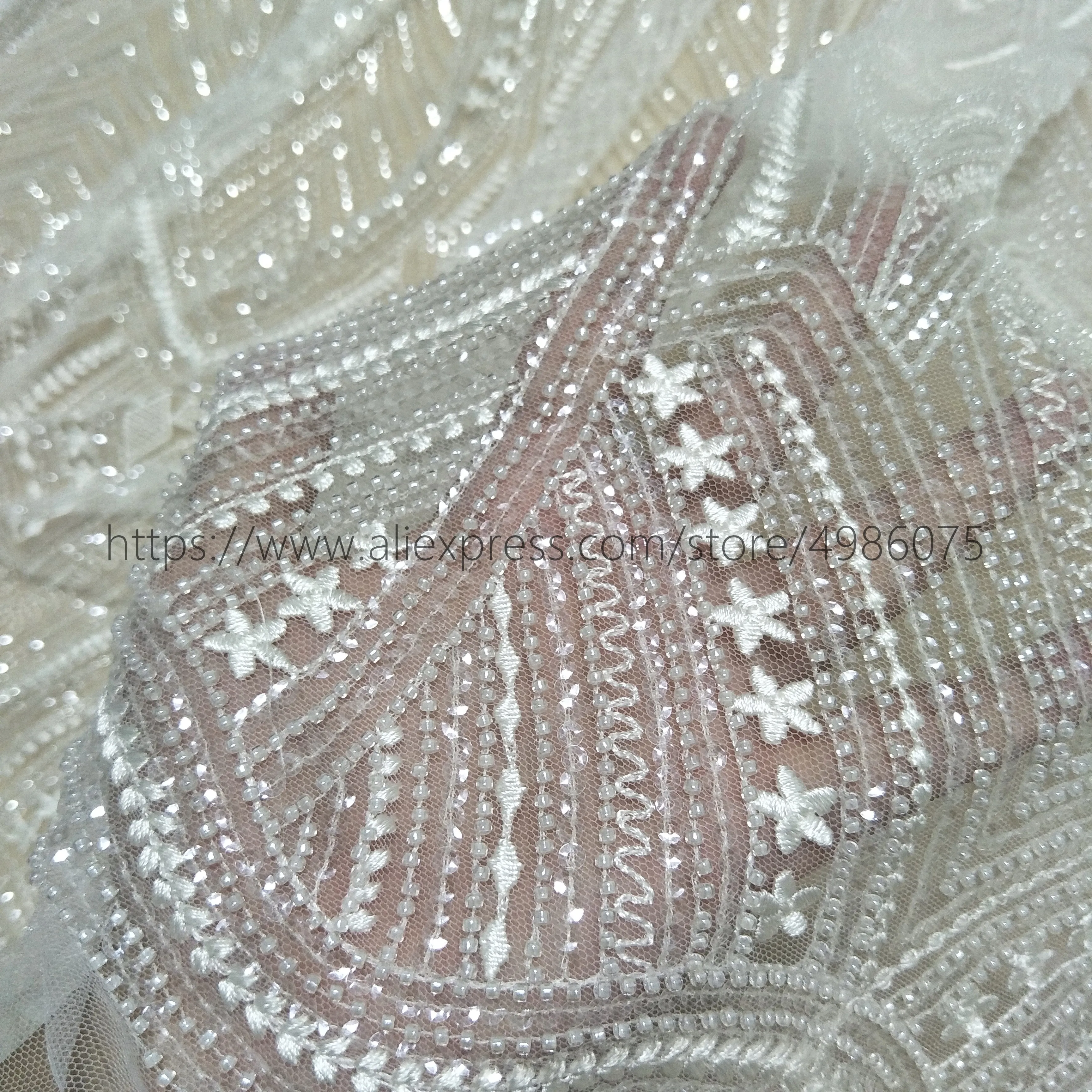 Fashion heavy beading lace fabric bridal wedding gown dress lace 130cm width sell by yard