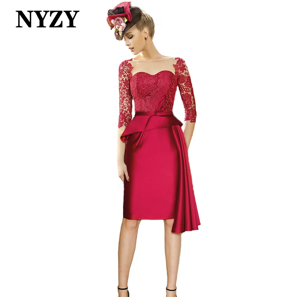 Nyzy M360 Vintage 3/4 Mouwen Korte Moeder Van De Bruid Lace Jurken 2021 Bourgondië Party Dress Cocktail Prom Vestidos De fiesta