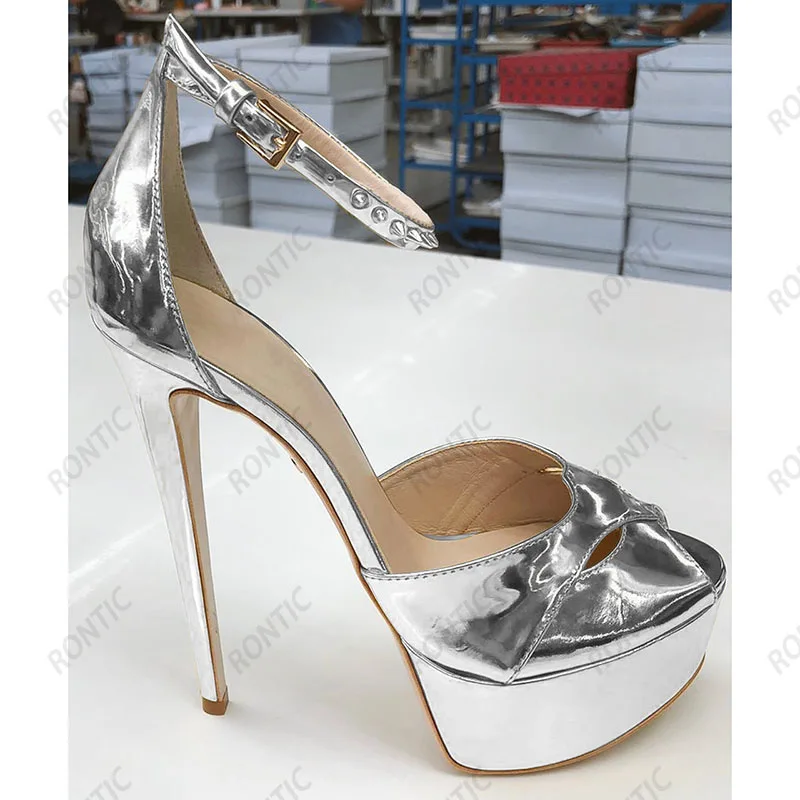 Rontic Hot Handmade Women Platform Sandals Patent Leather Stiletto Heels Open Toe Gorgeous Gold Silver Party Shoes US Size 5-20