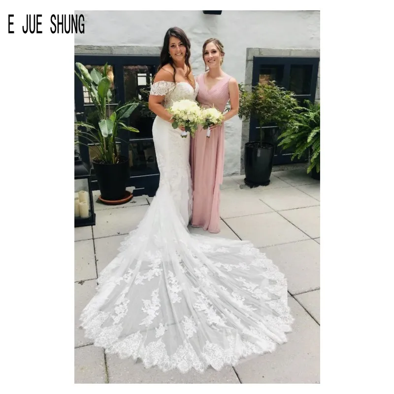 E jue shung charming longo sereia vestidos de casamento fora do ombro sem costas querida rendas apliques vestidos de noiva robe de mariee