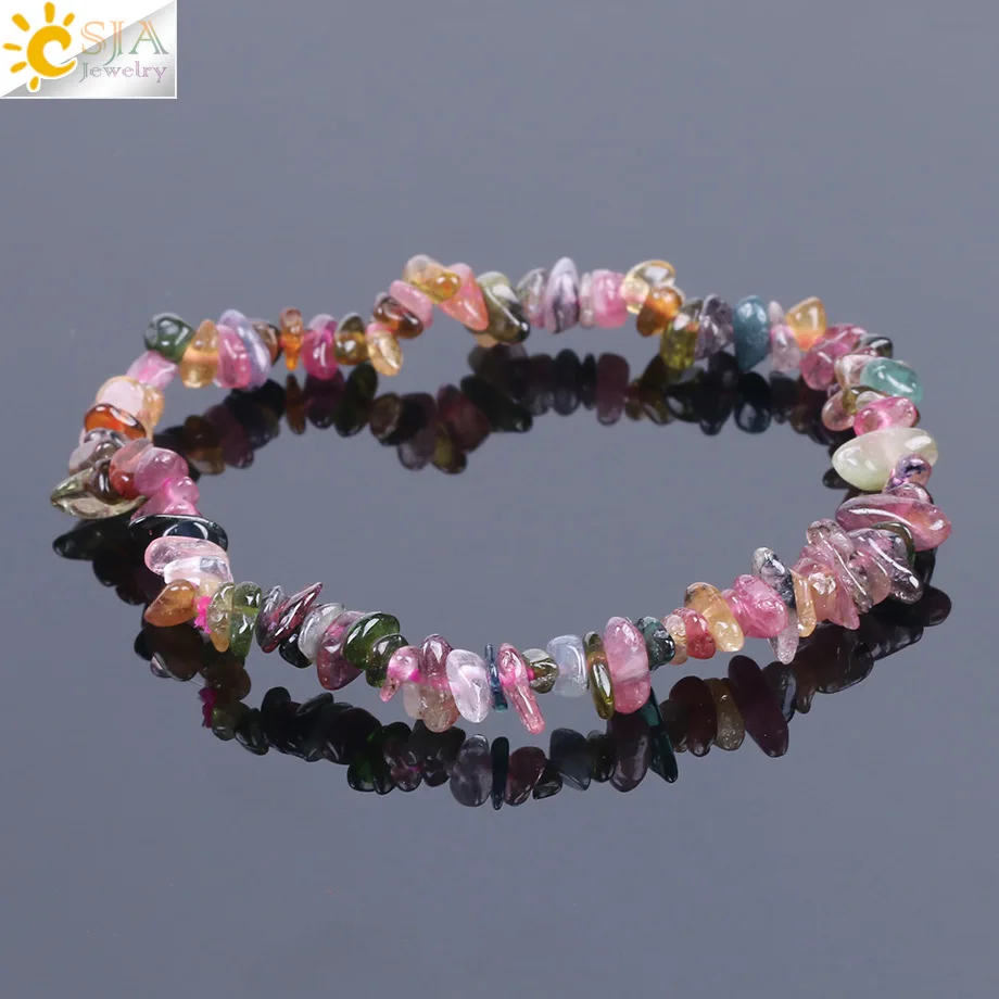 CSJA Black Pink Tourmaline Bracelet Colorful Natural Gem Stone Chip Beads Crystal Bracelets Lucky Energy Protection Jewelry F154