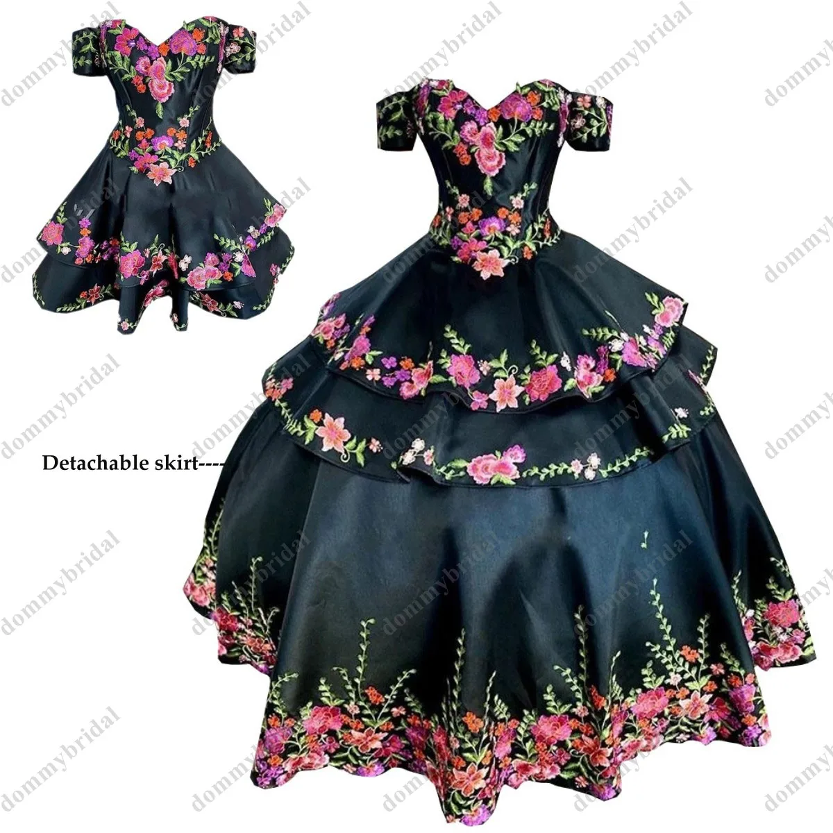 Vestidos de quinceañera mexicana, vestido de bola de flores Floral con hombros descubiertos, falda desmontable para baile de graduación, dulce Vestido de satén de 15 XV, color negro, Sexy, 2023