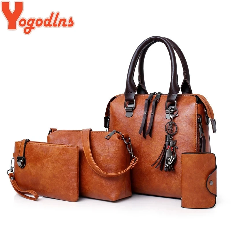 Yogodlns Fashion handbag luxury solid color female vintage designer handbags card four-piece shoulder bag Messenger bag wallet