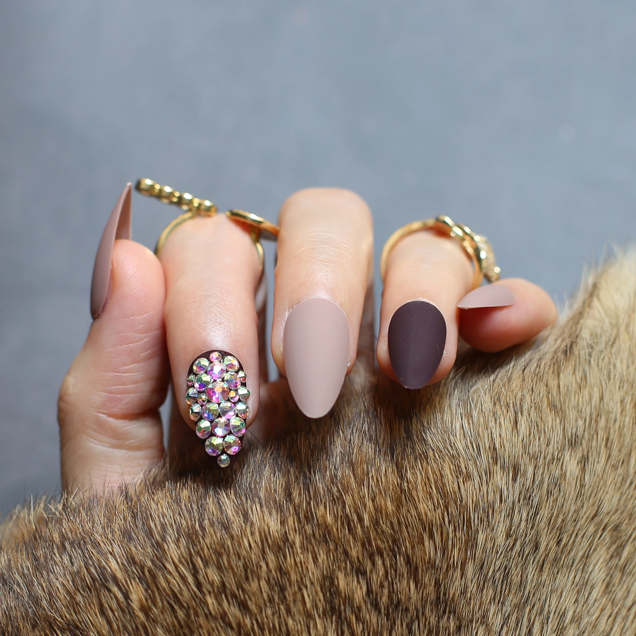 Matte stiletto Dark coffee full crystal fake nails nude full set 28pcs Burgundy Ruby red wedding Fake nails