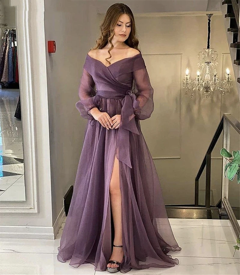 A-Line Prom Dresses Long SleevesSide Slit Tulle Prom Dresses With Zipper Back vestidos de fiesta de noche вечернее платье 2021