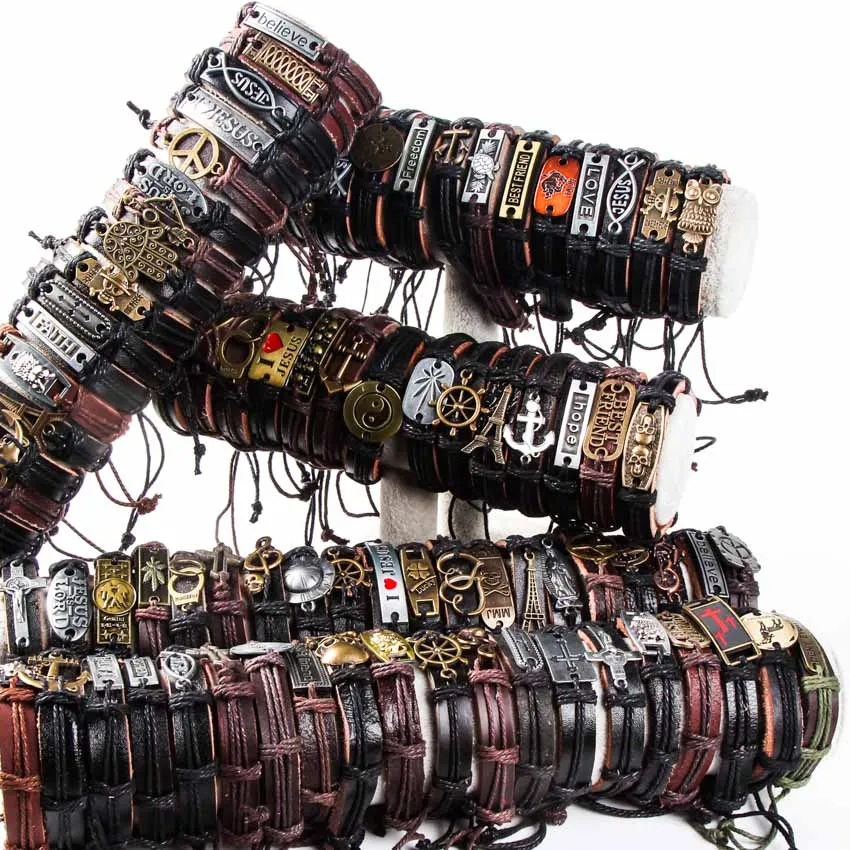 Wholesale 30pcs Bulk Lots Mix Styles Metal Leather Cuff Bracelets Men's Women's Jewelry Party Gifts (Color: Multicolor)