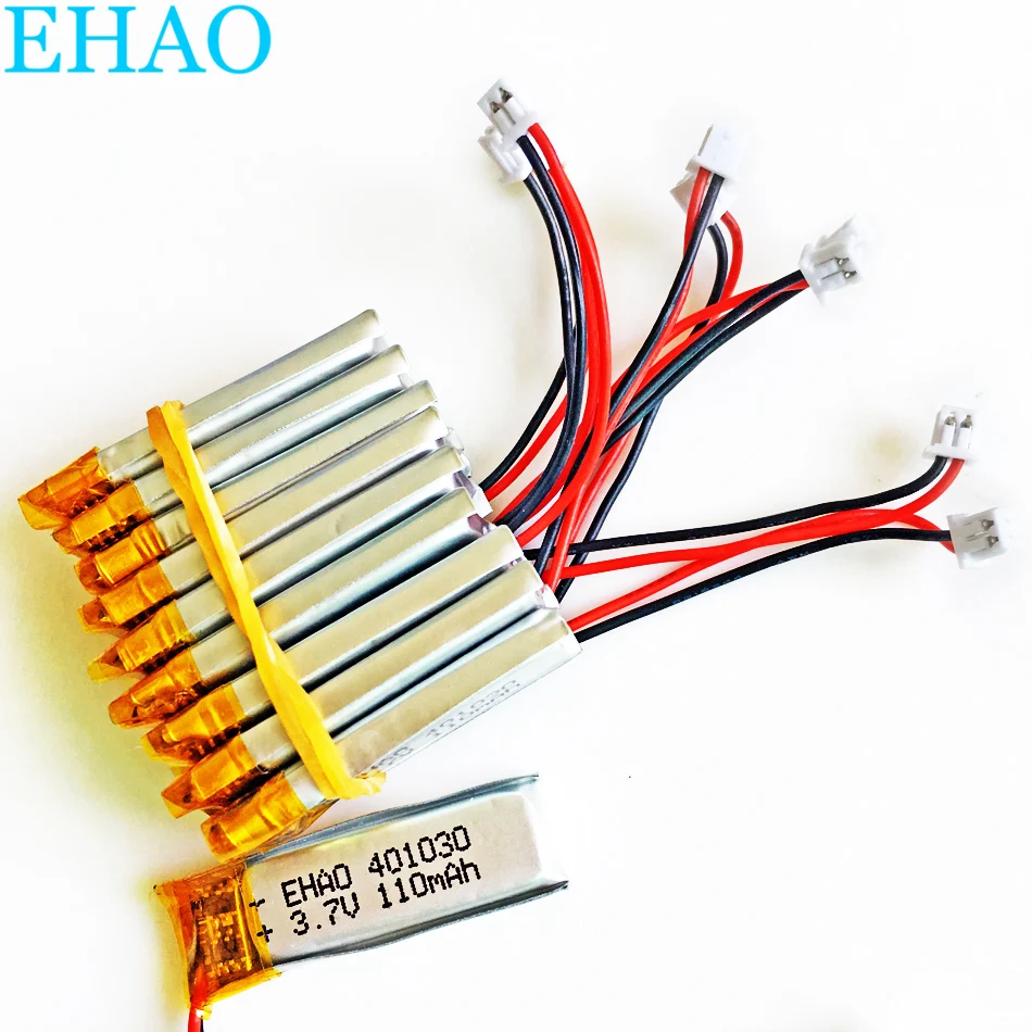 10 PCS 3.7V 110mAh Lithium Polymer LiPo Rechargeable Battery 401030 + JST 1.25mm 2pin Plug For GPS Bluetooth Headphone Headset