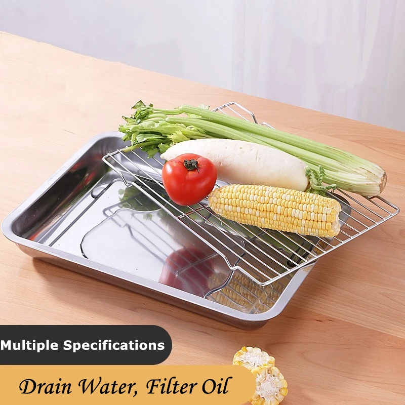 Rectangular Storage Plates Oven Baking Tray Oil Filter Pan Stainless Steel Bakeware Grid Wire Cooling Rack Kitchen Utensils