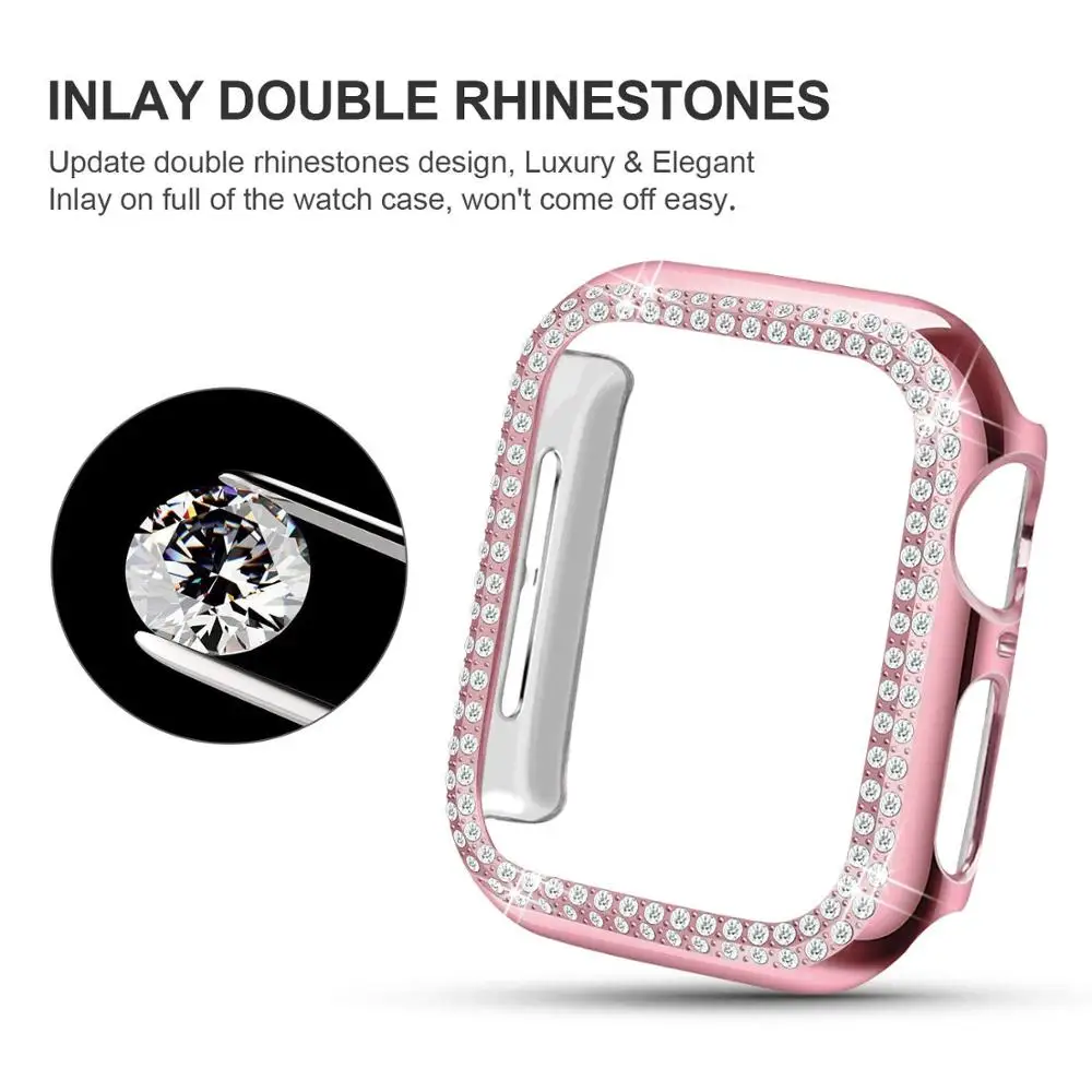 Diamond Cover For Apple watch Case 44mm 40mm 42mm 38mm Double Rhinestone Bumper Protector iWatch series 6 5 4 3 SE 7 45mm 41mm