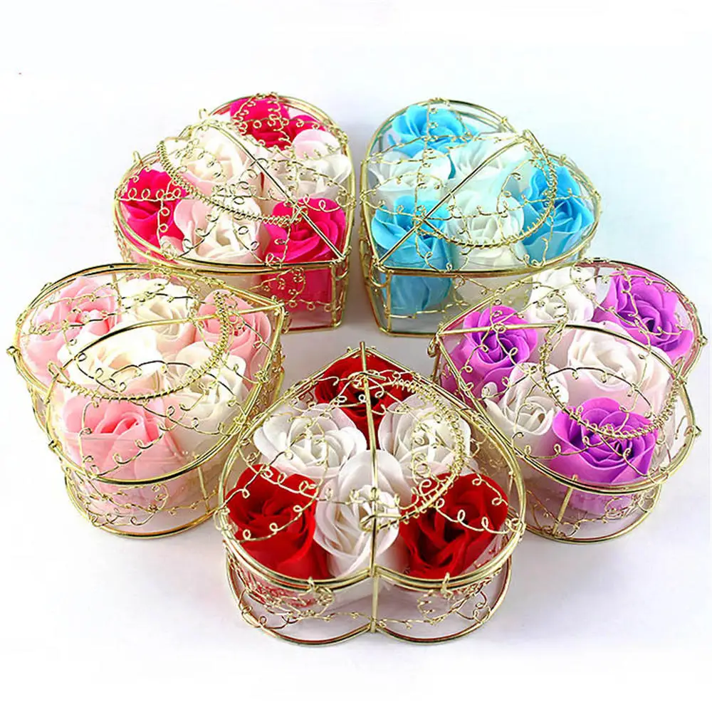 6pcs/set Rose Soap Flower Gift Box Gold-Plated Iron Basket Artificial Roses Creative Valentine'S Day Wedding Gift Scented Petal