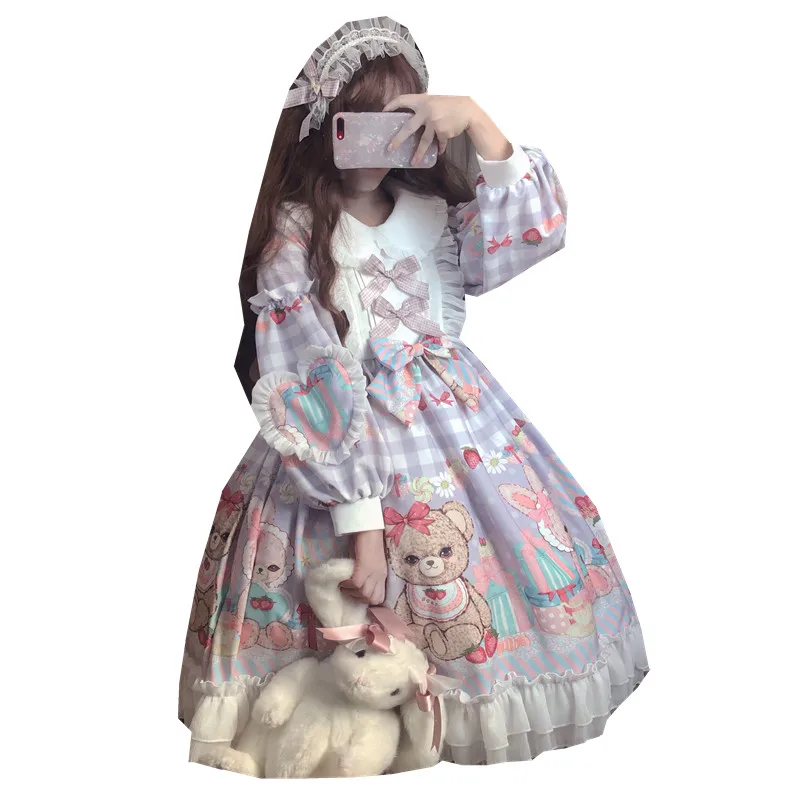 Kawaii สาว Gothic Lolita Op Loli COS เจ้าหญิง Tea Party Sweet Lolita VINTAGE ลูกไม้ bowknot น่ารักพิมพ์ชุดวิคตอเรีย