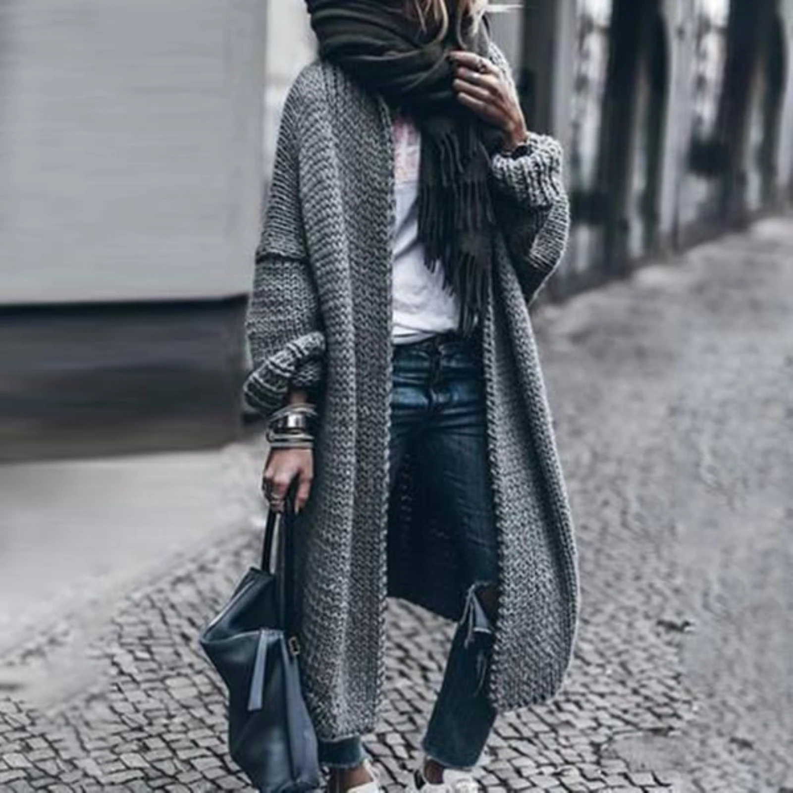 Thick Knit Sweater Women Winter Long Sleeve Knitted Open Front Sweater Cardigan Mid-length Coat Jumpers Sweater Streetwear