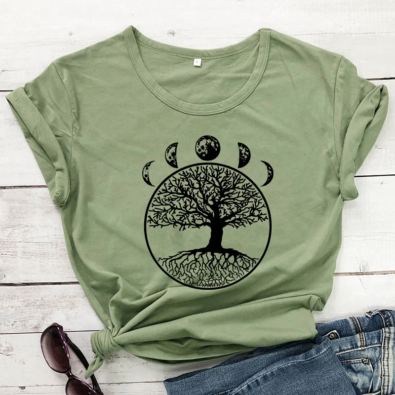 Tree And Moon Phases T-shirt Aesthetic Tree Of Life Symbolism Tshirt Women Retro Hipster Astronomy Nature Top Tee Shirt